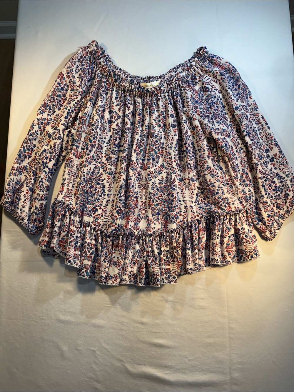 Rebecca Taylor Boho Floral Off-Shoulder Peasant Top in Cream and Blue Paisley